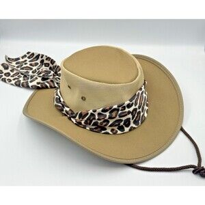 BARMAH Ladies 1047 Canvas Drover Airflow Hat Khaki Size Medium Leopard Band